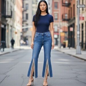 NEW blue b Medium Wash Rhinestone Trim High Waist Stretchy Comfy Denim Jeans